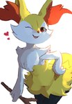 ambiguous_gender anthro biped black_body fur heart_symbol looking_at_viewer one_eye_closed open_mouth orange_body orange_eyes orange_fur simple_background smile solo white_background white_body white_fur yellow_body yellow_fur chufflepop nintendo pokemon braixen generation_6_pokemon pokemon_(species) hi_res