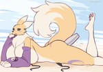 anthro big_breasts breasts female fur lying on_front sex_toy solo untied_bikini vaginal yellow_body yellow_fur lemonbizate bandai_namco digimon canid digimon_(species) mammal renamon hi_res