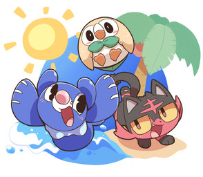 ambiguous_gender blush cute_fangs fangs feral group open_mouth open_smile outside plant sand sea simple_background smile starter_trio sun teeth tongue tree trio water white_background nettsuu nintendo pokemon aquatic avian felid generation_7_pokemon litten mammal pinniped pokemon_(species) popplio rowlet 2018