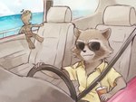 anthro beverage black_nose brown_body brown_fur car casual_clothing clothing driving duo eyewear fur inside_car inside_vehicle male multicolored_body multicolored_fur plant railing sea shirt sunglasses topwear tree two_tone_body two_tone_fur vehicle water whiskers white_body white_fur yellow_clothing yellow_shirt yellow_topwear anonymous_artist guardians_of_the_galaxy marvel marvel_cinematic_universe groot rocket_raccoon mammal procyonid raccoon 4:3