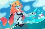 anthro blue_body blue_fur clothed clothing cloud female fur green_eyes hair midriff navel open_mouth open_smile orange_hair red_hair sky smile solo swimwear tail tail_tuft tuft water hydrabb mythology dragon furred_dragon furred_scalie mythological_creature mythological_scalie scalie 2023 digital_media_(artwork) signature