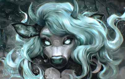 anthro black_body black_fur cross detailed_background eyelashes eyeshadow female fur hair horn lipstick long_hair looking_at_viewer makeup multicolored_body multicolored_fur solo tombstone two_tone_body two_tone_fur white_body white_eyes white_fur white_hair mirtrud bovid bovine cattle ghost mammal spirit 2022 absurd_res bust_portrait hi_res huge_filesize monochrome portrait signature