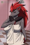 anthro bathroom black_body black_fur female fur green_eyes grey_body grey_fur looking_at_viewer pokemorph red_body red_fur solo towel towel_only tuft r3ptart nintendo pokemon canid generation_5_pokemon mammal pokemon_(species) zoroark absurd_res hi_res