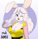 anthro big_breasts breasts daisy_the_rabbit exposed_breasts female fur green_eyes hair looking_at_viewer one_eye_closed solo white_body white_fur white_hair wink winking_at_viewer yellow_outfit rick_lewd fan_character lagomorph leporid mammal rabbit hi_res