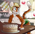 anthro birthday_cake bottomwear cake clothed clothing dessert dolphin_shorts eating food male shorts solo tongue tongue_out topless young young_anthro young_male eldiman dyson_(eldiman) felid mammal pantherine tiger hi_res