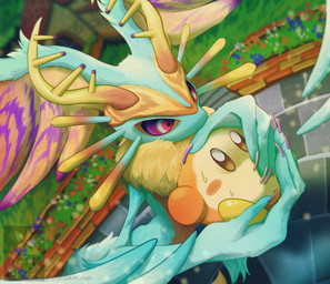 ambiguous_gender anthro antlers biped black_sclera blush blush_stickers bodily_fluids carrying_another chest_tuft colored_nails countershading detailed_background digitigrade duo feral fingernails fluffy fluffy_tail fur head_wings high-angle_view holding_another horn huge_wings looking_at_another mouthless multicolored_body multicolored_eyes multicolored_fur nails neck_tuft orange_body orange_eyes orange_fur outside pupils purple_eyes purple_fingernails purple_nails red_eyes scared size_difference sweat sweatdrop tail tan_body tan_fur teal_body teal_eyes teal_fur three-quarter_view tuft unusual_wing_placement wings yellow_body sayaanlove kirby_(series) kirby_and_the_forgotten_land nintendo fecto_elfilis alien chinchilla chinchillid mammal rodent starling_(kirby) waddle_dee waddling_head 2023 absurd_res dated digital_drawing_(artwork) digital_media_(artwork) hi_res japanese_description portrait signature three-quarter_portrait watermark