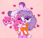 anthro anthro_to_inanimate duo female female/female fur grey_body grey_fur hearts_around_body hug hugging_object implied_transformation inanimate_transformation pink_body plushie plushie_transformation plushification seam_(sewing) simple_background size_transformation speech_bubble struggling transformation white_body white_fur worried_face mimi_noooo lagomorph mammal absurd_res hi_res