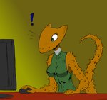 alien anthro breasts clothed clothing computer electronics exclamation_point female half-human horridus hybrid image_comics kaolin non-mammal_breasts savage_dragon scalie simple_background smile solo text third-party_edit