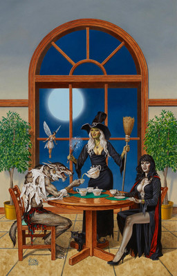 anthro black_hair breasts broom brown_body brown_fur chair cleaning_tool clothing container cup ear_piercing ear_ring female feral flying full_moon fur furniture green_body green_skin hair holding_broom holding_cleaning_tool holding_object holding_wand implied_transformation inside magic magic_user moon night nipple_outline piercing plant ring_piercing size_difference smile table tea_cup torn_clothing white_clothing white_hair window wings witch clyde_caldwell mythology canid canine domestic_cat fairy felid feline felis human humanoid mammal mythological_canine mythological_creature vampire werecanid werecanine werecreature werewolf winged_humanoid 2009 book_cover cover hi_res traditional_media_(artwork)