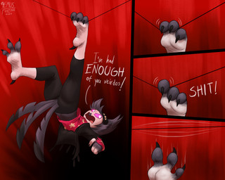 anthro black_bottomwear black_clothing black_jacket black_pants black_topwear bottomwear claws clothing dialogue feet female foot_fetish foot_focus hanging_by_feet hanging_upside_down jacket pants pink_clothing pink_sclera pink_shirt pink_topwear red_background shirt simple_background soles solo tail talons text toe_claws toes topwear upside_down wrinkled_feet wrinkles a9ymus hellaverse helluva_boss octavia_(helluva_boss) avian bird owl owl_demon absurd_res comic english_text hi_res