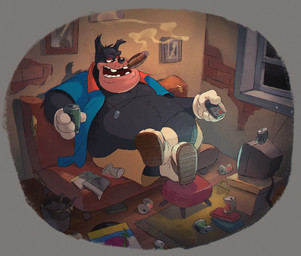4_fingers anthro belly beverage_can black_body black_fur black_nose blue_clothing blue_shirt blue_topwear bottomwear cigar cigar_in_mouth clothed clothing countershade_face countershading crossed_legs dog_tags electronics fingers footstool footwear fully_clothed fur furniture gloves handwear inside love_handles male messy_room moobs object_in_mouth on_sofa open_clothing open_shirt open_topwear overweight overweight_anthro overweight_male picture_frame rug sandals shirt shoes shorts sitting sitting_on_sofa smoke smoking socks socks_with_sandals sofa solo tan_body tan_bottomwear tan_clothing tan_countershading tan_shorts teeth television topwear trash_can watching_television white_clothing white_footwear white_gloves white_handwear white_socks window donkeypunch disney pete_(disney) domestic_cat felid feline felis mammal 2017 unavailable_at_source