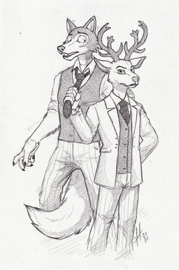 accessory anthro antlers bottomwear claws clothed clothing clothing_pull duo eyebrows fangs finger_claws front_view hand_behind_back horn jacket male male_anthro mouth_closed necktie necktie_pull open_mouth pants shirt standing teeth topwear vest hufnaar beastars legoshi_(beastars) louis_(beastars) canid canine canis deer mammal wolf 2020 dated hi_res monochrome sketch