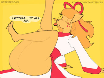 accessory anthro arm_support asian_clothing barefoot bent_leg big_butt butt clothed clothed_anthro clothed_female clothing east_asian_clothing ellipsis eyes_closed feet female fur hair_accessory hair_ribbon japanese_clothing kimono raised_leg reclining red_clothing ribbons simple_background sitting solo speech_bubble text toes tongue tongue_out white_clothing yellow_background yellow_body yellow_fur taintedcan undertale_(series) undertale_yellow ceroba_ketsukane canid canine fox mammal 2026 absurd_res artist_name digital_drawing_(artwork) digital_media_(artwork) hi_res url