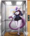 5:6 absurd_res anthro areola areola_slip beverage big_breasts bottomwear breasts cleavage clothed clothing coffee elevator female footwear generation_1_pokemon genitals hi_res high_heels legendary_pokemon mew_tuely_(fan_character) mewtwo milftwo nintendo no_underwear pokemon pokemon_(species) pussy scarf skirt solo suit tail telekinesis vedtomd