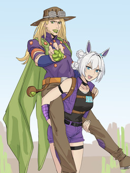 5_fingers armband armwear bangs beard belt biped black_armband black_belt black_clothing black_shirt black_tank_top black_thighband black_topwear blonde_beard blonde_eyebrows blonde_facial_hair blonde_hair blue_armwear blue_clothing blue_eyes blue_sky boots bottomwear breasts brown_boots brown_bottomwear brown_clothing brown_footwear brown_hat brown_headwear brown_pants cactus cape carrying_another clothed clothed_female clothed_human clothed_humanoid clothed_male clothing cowboy_hat day desert duo ear_piercing ear_ring eyebrows eyelashes eyewear eyewear_on_head facial_hair female female_humanoid fingernails fingers footwear goggles goggles_on_head gold_(metal) gold_tooth green_cape green_clothing green_eyes green_lips green_lipstick grey_eyewear grey_goggles hair hair_bun harness hat headgear headwear holding_object humanoidized legband lips lipstick long_hair looking_at_viewer makeup male male_human medium_breasts mesa_(landscape) nails open_clothing open_mouth open_smile open_topwear open_vest orange_belt outside pants piercing piggyback pink_tongue plant plantigrade pupils purple_armwear purple_bottomwear purple_clothing purple_inner_ear purple_shirt purple_shorts purple_topwear purple_vest ring_piercing saguaro shirt shoes shorts sky smile standing steel_ball tank_top teeth thighband tongue topwear vest white_ears white_hair maven_(artist) cygames jojo's_bizarre_adventure steel_ball_run uma_musume_pretty_derby gyro_zeppeli valkyrie_(jjba) animal_humanoid equid equid_humanoid equine equine_humanoid horse_humanoid human humanoid mammal mammal_humanoid 2025 hi_res