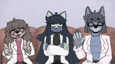 anthro clothing coat eyelashes eyewear female fingers furniture glasses group lab_coat long_eyelashes on_sofa questions_and_answers recording recording_video researcher scientist sitting sitting_on_sofa sofa tear_trough topwear trio wearing_glasses chiisteam_(artist) reality_corp._(copyright) dogna_(reality_corp.) megan_(reality_corp.) vixen_(reality_corp.) bird_dog canid canine canis cocker_spaniel domestic_cat domestic_dog felid feline felis hunting_dog mammal spaniel tundra_wolf wolf 16:9 2026 2d_animation animated digital_media_(artwork) hi_res huge_filesize long_playtime sound video voice_acted widescreen