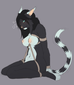 anthro areola bdsm biped bondage bound breasts drunk female kneeling nipples nude rope smile solo submissive submissive_female substance_intoxication dannoitanart poison_(dannoitanart) felid mammal hi_res