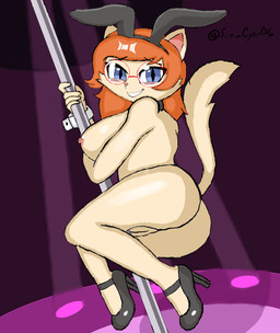 anthro blue_eyes breasts clothing dancing eyewear fake_ears fake_rabbit_ears female footwear genitals glasses hair high_heels nipples pole pole_dancing shoes solo vulva sin_teal queen_(alfa995) domestic_cat felid feline felis mammal absurd_res hi_res
