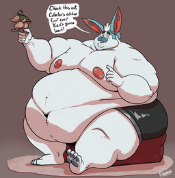 anthro belly belly_overhang big_belly big_cheeks butt cape chubby_cheeks clothed clothing dialogue double_chin ear_piercing fat_rolls fur gesture hand_gesture holding_object huge_belly looking_at_viewer male miniature_model moobs morbidly_obese morbidly_obese_anthro morbidly_obese_male navel neck_rolls nipple_piercing nipples obese obese_anthro obese_male overweight overweight_anthro overweight_male piercing pointing simple_background sitting solo speech_bubble text thick_arms thick_thighs topless underwear white_body white_fur karrnade gideon_(swissigar) lagomorph leporid mammal rabbit english_text hi_res signature