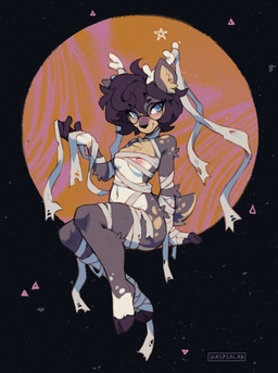 anthro antlers bandage blue_eyes breasts exposed_breasts eyewear female fur glasses hair hooves horn mummy_costume mummy_wrappings nipples purple_body purple_fur purple_hair small_breasts smile smiling_at_viewer solo squish tan_body tan_fur thick_thighs thigh_squish white_body white_fur waspsalad digit_(digitdeer) deer mammal 2024 absurd_res hi_res trans_(lore) trans_woman_(lore)
