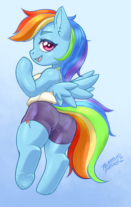 anthro black_bottomwear black_clothing blue_body bottomwear butt clothed clothing cutie_mark feathered_wings feathers female fur gusset hair hooves multicolored_hair multicolored_tail panties panty_lines pink_eyes rainbow_hair rainbow_tail rear_view shirt shorts smile solo tail tank_top topwear translucent translucent_bottomwear translucent_clothing underwear white_clothing white_topwear wings blasticussaturn friendship_is_magic hasbro my_little_pony mythology rainbow_dash_(mlp) equid equine horse mammal mythological_creature mythological_equine pegasus pony absurd_res digital_media_(artwork) hi_res signature