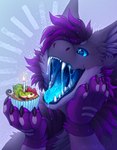 anthro biped blue_eyes bodily_fluids candle claws cupcake dripping drooling duo feral food fur glowing green_body green_fur happy imminent_vore male mouth_shot open_mouth oral purple_body purple_fur saliva saliva_drip saliva_on_tongue saliva_string sharp_teeth size_difference teeth throat tongue kolaa razz_(shinyumbra) kobold scalie digital_media_(artwork) hi_res