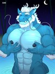 abs anthro arm_hair arm_tuft beard biceps big_pecs blue_body blue_scales body_hair claws crescent_moon detailed_background eyes_closed facial_hair fangs finger_claws flaccid genitals hair hand_on_chest hand_on_pecs horn male moon muscular muscular_anthro muscular_male night nipples nude outside partially_submerged pecs penis scales sharp_teeth sky smile solo standing star starry_sky teeth tuft vein veiny_muscles water wet wet_body wet_scales white_hair zourik asian_mythology east_asian_mythology mythology dragon eastern_dragon mythological_creature mythological_scalie scalie 2021 3:4 absurd_res hi_res