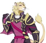 2016 4_fingers anthro blonde_hair clothed clothing felid fingers fire_emblem fire_emblem_fates fully_clothed fur hair ketchup_(artist) lion male male_anthro mammal narrowed_eyes nintendo pantherine purple_eyes simple_background smile snout solo standing white_background xander_(fire_emblem) yellow_body yellow_fur