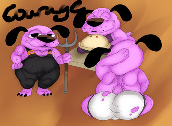 anthro bodily_fluids bulge clothing food fur male overalls pastry pie pink_body pink_fur pitchfork ripped_underwear sitting slightly_chubby solo sweat tools jaytheburr333 jaythefox333 cartoon_network courage_the_cowardly_dog courage_the_cowardly_dog_(character) beagle canid canine canis domestic_dog hunting_dog mammal scent_hound hi_res