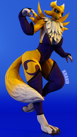 anthro breasts butt claws clothed clothing costume curvy_figure female fur nails simple_background solo sparks tail voluptuous krako bandai_namco digimon canid digimon_(species) mammal renamon 2024 3d_(artwork) absurd_res blender_(artwork) blender_cycles_(artwork) digital_media_(artwork) hi_res wallpaper