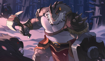 anthro barbarian biped detailed_background feral group humanoid_hands male musclegut muscular outside plant shield tree weapon hoggan mythology dragon mythological_creature mythological_scalie scalie 2022 absurd_res hi_res