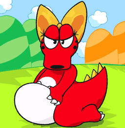 belly black_eyes egg female hill kneeling looking_at_viewer red_body red_skin white_belly white_body white_skin unknown_artist mario_bros nintendo super_mario_bros._2 birdo dinosaur prehistoric_species reptile scalie low_res