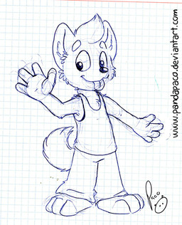 anthro bottomwear cheek_tuft chest_tuft closed_smile clothed clothing facial_tuft front_view gesture hair logo male male_anthro mouth_closed pants short_hair smile solo standing tongue tongue_out topwear tuft waving young young_anthro young_male pandapaco hyena mammal artist_logo monochrome signature traditional_media_(artwork)