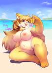 anthro beach big_breasts biped blonde_hair blush breasts chest_tuft condom detailed_background female fur genitals hair huge_breasts kemono looking_at_viewer nipples nude nude_beach outdoor_nudity outside overweight overweight_anthro overweight_female pussy sand sea seaside sexual_barrier_device sitting sky solo thick_thighs tongue tongue_out tuft water wide_hips yellow_body yellow_fur ni_jikan canid canine fox mammal hi_res