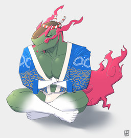 anthro asian_clothing clothed clothing crossed_arms crossed_legs east_asian_clothing eyes_closed fundoshi green_body grey_background japanese_clothing male muscular muscular_anthro muscular_male pecs simple_background sitting solo underwear yukata exsys nintendo pokemon pokemon_legends_arceus basculegion generation_8_pokemon pokemon_(species) absurd_res hi_res