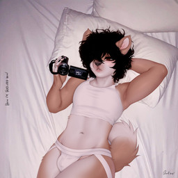anthro bed black_hair brown_body brown_fur bulge camera clothed clothing crop_top femboy fur furniture hair hair_over_eye head_on_pillow holding_camera holding_object jockstrap jockstrap_only male midriff on_bed pillow shirt solo tail topless topwear underwear underwear_only video_camera puppybf charli_xcx how_i'm_feeling_now canid canine canis domestic_dog mammal 1:1 absurd_res draw_over hi_res