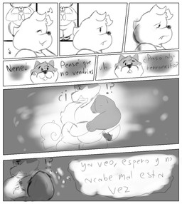 anthro bell bell_collar belly collar duo eyes_closed fangs forced forced_smile hug interrobang male male/male musical_note musical_symbol question_mark sad speech_bubble surprised symbol teeth text ugly-rat15508 jess_(ugly-rat15508) raymond_(ugly-rat15508) terrence_(ugly-rat15508) canid canine canis domestic_cat domestic_dog felid feline felis mammal comic monochrome spanish_text