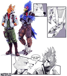4_toes anthro beak belt biped black_eyes black_nose blue_body blue_feathers blue_tail_feathers boots bottomwear brown_boots brown_bottomwear brown_clothing brown_footwear brown_pants clothing crossed_arms dialogue duo feathers feet foot_focus footwear front_view frown fur furgonomic_footwear furgonomics green_bottomwear green_clothing green_pants hand_in_pocket jacket kerchief looking_at_another looking_down male neckerchief neckwear orange_body orange_fur pants pockets question_mark red_kerchief red_neckerchief shadow shoes simple_background speech_bubble standing tail tail_feathers talons text toes topwear whiskers white_background white_body white_clothing white_fur white_jacket white_topwear yellow_beak zygodactyl mattbyles cover_them_up_slut nintendo star_fox falco_lombardi fox_mccloud avian bird canid canine fox mammal 2026 digital_drawing_(artwork) digital_media_(artwork) english_text hi_res signature