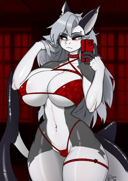 alternate_species anthro big_breasts bikini black_body blush breasts cellphone cleavage clothed clothing collar ear_piercing ear_ring electronics eyebrow_piercing facial_piercing female fin grey_hair hair hand_in_hair holding_cellphone holding_object holding_phone holding_smartphone huge_breasts long_hair looking_at_object looking_at_phone multicolored_body navel navel_piercing nipple_outline phone piercing red_bikini red_bikini_bottom red_bikini_top red_clothing red_collar red_sclera red_swimwear red_thong red_underwear ring_piercing selfie small_waist smartphone solo spiked_collar spikes standing swimwear tail tail_fin thick_thighs thong touching_hair two-piece_swimsuit two_tone_body underwear white_body white_eyes window maned_kitsune hellaverse helluva_boss loona_(helluva_boss) aquatic fish shark 2023