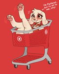 4_toes anthro barefoot blush claws clothed clothing collar dialogue emanata eye_patch_(marking) eyebrows eyelashes facial_markings feet female female_anthro floppy_ears fur head_markings markings mascot nervous_sweat patch_(marking) pawpads paws pink_pawpads red_background red_clothing shopping_cart simple_background smile soles solo text toe_claws toes white_body white_fur jayrnski target_corporation spot_(jayrnski) bird_dog canid canine canis domestic_dog hunting_dog mammal spaniel 2024 absurd_res english_text hi_res red_theme