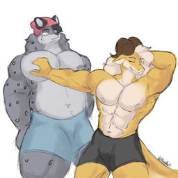 anthro beanie belly bottomwear clothed clothing duo eyes_closed fur hair hand_on_head hat headgear headwear horn looking_down male male/male muscular nipples pec_grab pecs simple_background slightly_chubby slightly_chubby_anthro slightly_chubby_male smile tail white_background yellow_eyes kaisitou14 mythology phoenix_(kaisitou14) soft_(kaisitou14) dragon felid mammal mythological_creature mythological_scalie pantherine scalie snow_leopard 1:1 digital_media_(artwork) hi_res