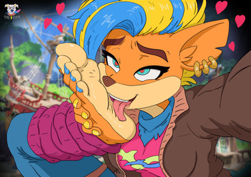 anthro blue_nails blue_toenails colored_nails ear_piercing feet female fingernails foot_fetish foot_lick hair licking multicolored_hair nails piercing solo toenails toes tongue yellow_fingernails yellow_nails badash01 activision crash_bandicoot_(series) pirate_tawna bandicoot mammal marsupial hi_res