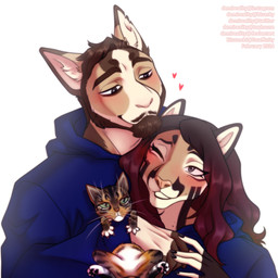 ambiguous_gender anthro beard black_pawpads blue_clothing blue_hoodie blue_topwear brown_beard brown_facial_hair brown_hair closed_smile clothed clothing facial_hair female feral front_view fur glistening glistening_eyes gradient_hair green_eyes grey_body grey_eyes grey_fur grin group grumpy hair hoodie male mouth_closed multicolored_hair narrowed_eyes orange_body orange_fur pawpads red_hair simple_background smile tan_body tan_fur topwear trio two_tone_hair whiskers white_background white_body white_fur demireality felid mammal 1:1 hi_res