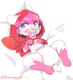 accessory ambiguous_gender anthro blush clean_diaper clothed clothing diaper flower hair_accessory hairpin hood lying object_in_mouth on_back pacifier pacifier_in_mouth paws plant solo wearing_diaper young young_ambiguous young_anthro dreamyart domestic_cat felid feline felis mammal hi_res watermark