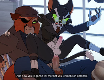 anal anal_penetration anthro arm_around_neck ball_tuft balls black_body black_fur black_tail black_trenchcoat bottomless bottomwear chair chair_position cheek_tuft claws clothed clothing coat dialogue dipstick_tail duo erection eye_patch eyewear facial_tuft finger_claws fingerless_gloves footwear from_behind_position front_view fur furniture garter_belt garter_belt_socks garter_straps genitals glans glasses gloves green_eyes hand_on_hip handwear hat headgear headwear humanoid_genitalia humanoid_penis looking_at_another male male/male male_penetrated male_penetrating male_penetrating_male markings multicolored_body multicolored_fur multicolored_tail on_chair open_bottomwear open_clothing open_pants orange_body orange_fur pants penetration penile penile_penetration penis penis_in_ass sex socks sweater tail tail_markings text topwear trenchcoat tuft turtleneck whiskers white_body white_fur white_tail_tip mawile123 lackadaisy mordecai_heller viktor_vasko domestic_cat felid feline felis mammal tuxedo_cat english_text