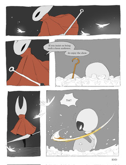 angry annoyed anthro aroused biped black_body blush blush_lines dialogue female flower_bed holding_object holding_weapon horn hornet's_needle lying lying_on_ground on_ground on_side segmented_body solo speech_bubble text weapon white_body justdog hollow_knight:_silksong hollow_knight_(franchise) team_cherry hornet_(hollow_knight) lace_(hollow_knight:_silksong) arachnid arthropod silk_fly spider 2026 comic end_page english_text greyscale hi_res monochrome