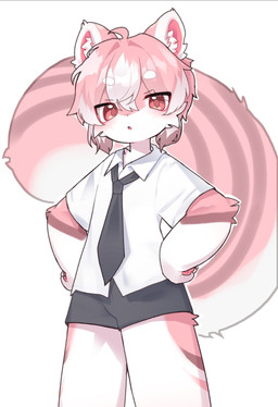 accessory anthro blush bottomwear clothed clothed_anthro clothed_male clothing fur hair hands_on_hips kemono looking_at_viewer male male_anthro multicolored_body multicolored_fur multicolored_hair multicolored_tail necktie pink_body pink_fur pink_hair shirt shorts simple_background solo tail topwear white_background white_body white_fur white_hair young young_anthro young_male sugar_7374 naruta mammal rodent sciurid tree_squirrel 2026 digital_media_(artwork) hi_res portrait three-quarter_portrait