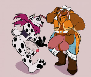 3_toes anthro balls beard big_balls big_butt big_penis body_hair bottomless bottomless_male butt chaps clothed clothing cowboy_hat cowboy_outfit dessert devil_horns_(gesture) doughnut duo facial_hair fake_horns feet flaccid food genitals gesture hairy_balls hand_gesture hat headgear headwear huge_balls huge_penis kerchief looking_at_viewer male mature_male musclegut muscular one_eye_closed pastry pawpads penis scarf smile thick_thighs toes tongue tongue_out topwear vest wink winking_at_viewer zackdadawg dallas_(bibby_ad) danny_(zackdadawg) canid canine canis dalmatian domestic_dog lagomorph leporid mammal rabbit hi_res