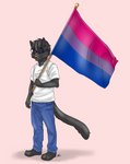 3_toes anthro bisexual_pride_colors black_body black_fur bottomwear clothing denim denim_bottomwear denim_clothing eyewear feet flag flag_(object) fur glasses holding_flag holding_object jeans lgbt_pride male pants pride_color_flag pride_colors purple_eyes shirt solo t-shirt toes topwear dritazura rae_(sabertooth621) domestic_cat felid feline felis mammal absurd_res hi_res