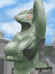 anthro biped bottomwear breasts chain clothed clothing clothing_lift female hand_behind_head machine markings metallic_body nipples raised_arm shirt shirt_lift solo tank topwear vehicle le19k_1818mm living_machine living_tank living_vehicle hi_res